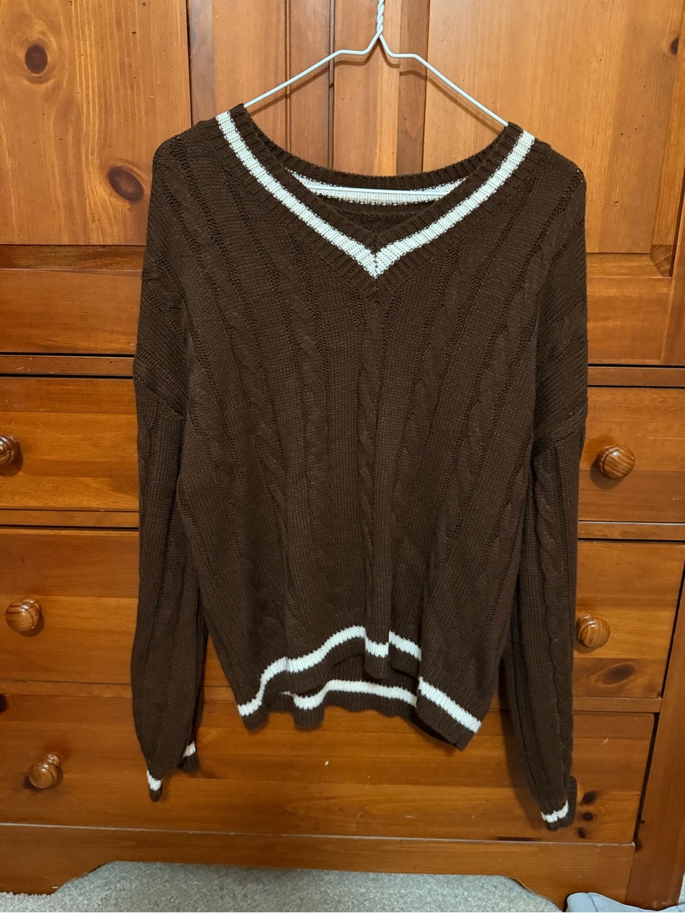 Shein Brown V-Neck Cable Knit Sweater with Contrast Trim